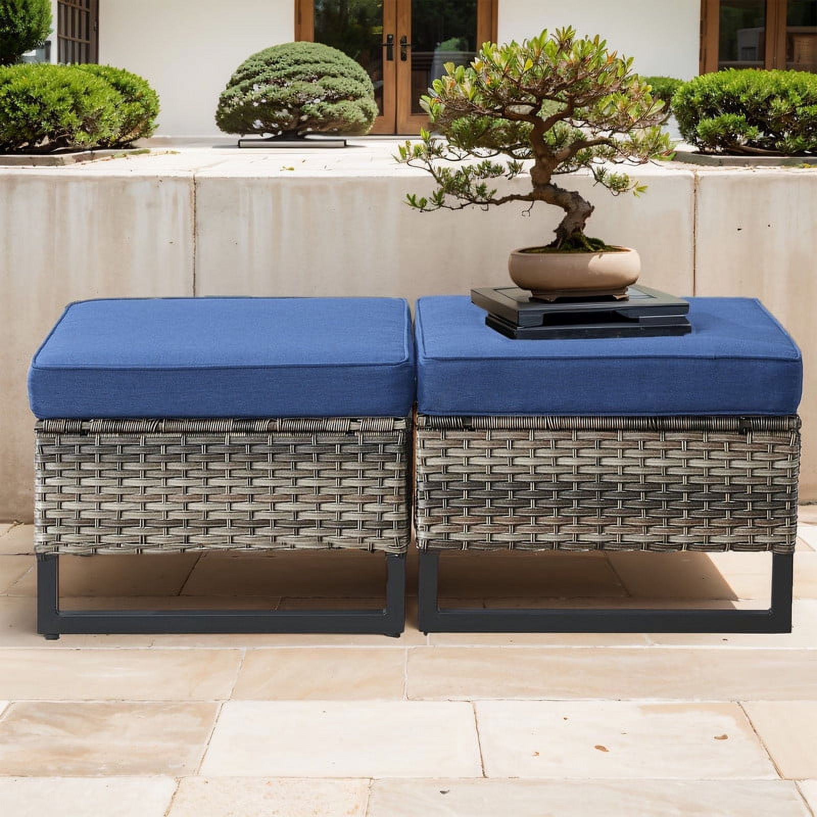 Blue Cushioned Wicker Outdoor Ottomans with Metal Frame, Set of 2