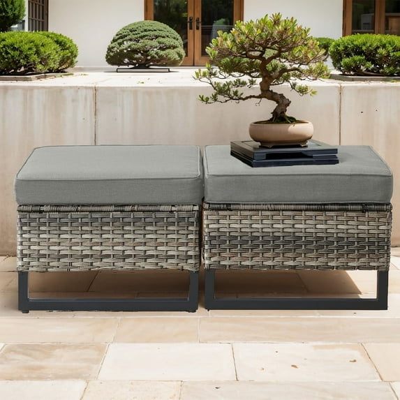 POCASSY Outdoor Patio Brown Ottoman with Cushion(Set of 2)