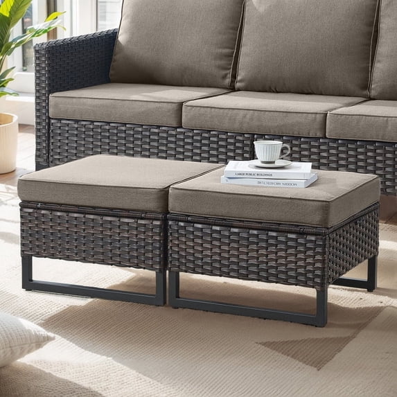 POCASSY Outdoor Patio Brown Ottoman with Cushion(Set of 2)