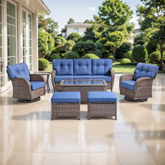 POCASSY Outdoor Patio Furniture Set with 5" Thick Cushions, Brown Wicker 7 Piece Patio Furniture Set with Swivel Gliding Rocker Chair, Sofa Couch, Ottoman, Coffee Table and Side Table, Blue Cushion