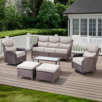 POCASSY Outdoor Patio Furniture Set, 6 Pieces High Back Patio Furniture Set with 6-inch Thick Cushions, Luxury Brown Wicker Patio Sofa Set with Patio Swivel Glider Chairs, Ottomans, Coffee Table