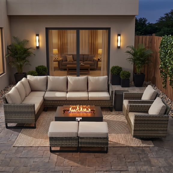 POCASSY Outdoor Patio Furniture Set with Fire Pit Table, All-Weather Wicker Sectional Sofa Set with Swivel Rockers, L-Shaped Conversation Set with Propane Fire Pit and Tank Side Table for Deck