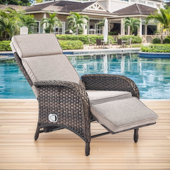 POCASSY Outdoor Recliner Chair, Adjustable Reclining Patio Chair with Cushion, Wicker Outdoor Chaise Lounge with Adjustable Backrest and Footrest, Ideal for Pool Deck, Beige
