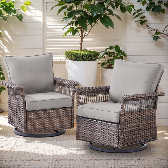 POCASSY Outdoor Rocking Chair, All Weather Patio Furniture Set Outdoor Swivel Chair Sets of 2 for Garden Porch Pool, Brown/Gray