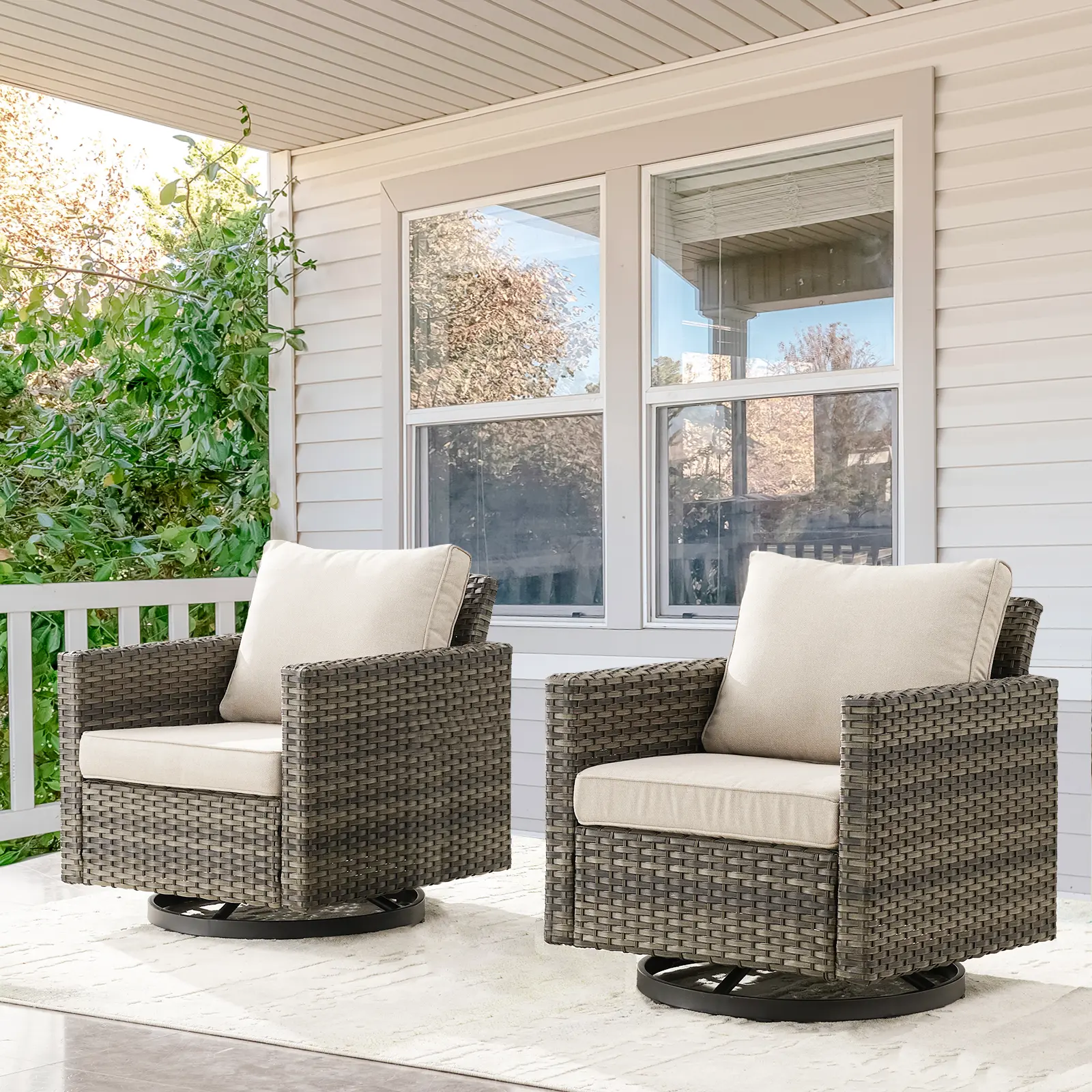 POCASSY Outdoor Rocking Chair Set of 2, All Weather Wicker Patio Furniture Set Outdoor Swivel Chair Sets of 2 with Square Arm for Garden Porch Pool, Gray/Beige