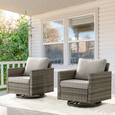 POCASSY Outdoor Rocking Chair Set of 2, All Weather Wicker Patio Furniture Set Outdoor Swivel Chair Sets of 2 with Square Arm for Garden Porch Pool, Gray/Gray