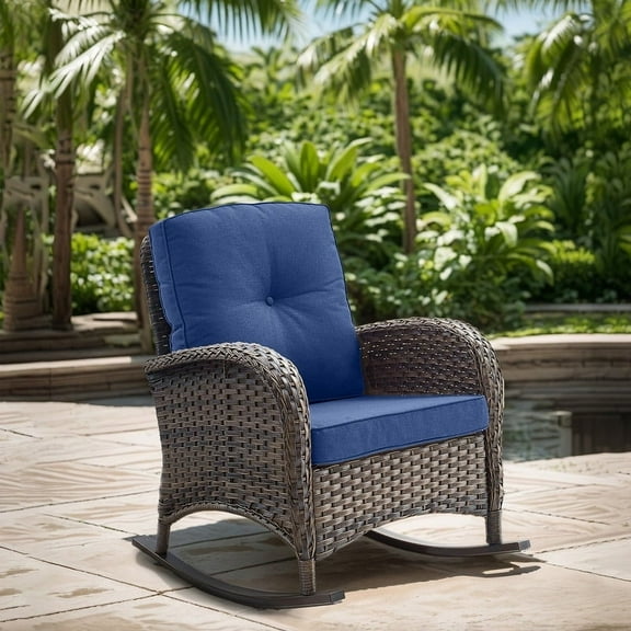 POCASSY Outdoor Rocking Chair with Cushions, 1PC All Weather Wicker Patio Rocker with Deep Seat and High Back for Porch, Balcony and Pool, Blue