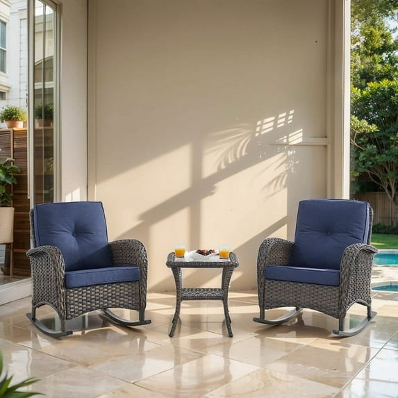 POCASSY Outdoor Rocking Chairs Set of 2 Wicker Rocker Chairs for Porch, 3 Pieces Brown Wicker Patio Furniture Rocking Set with Rattan Side Table Brown/Blue