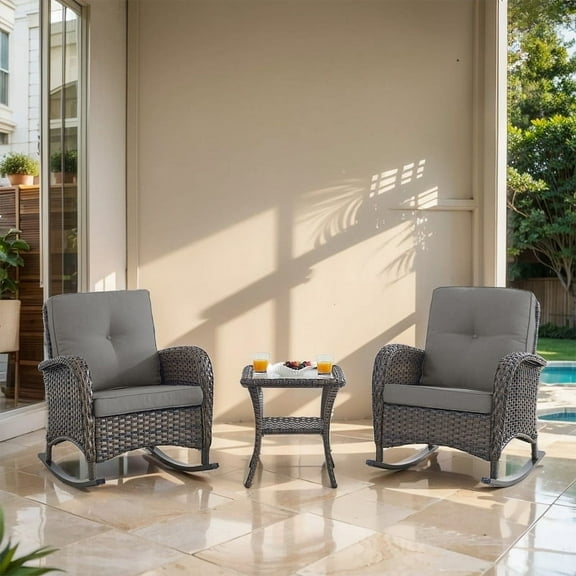 POCASSY Outdoor Rocking Chairs Set of 2 Wicker Rocker Chairs for Porch, 3 Pieces Brown Wicker Patio Furniture Rocking Set with Rattan Side Table Brown/Gray