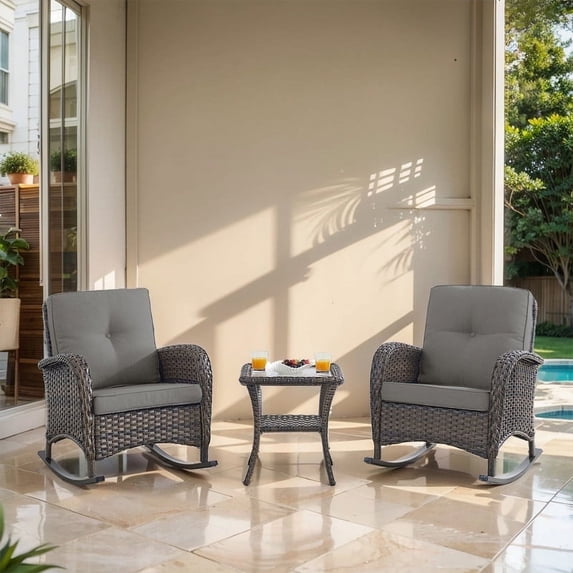 POCASSY Outdoor Rocking Chairs Set of 2 Wicker Rocker Chairs for Porch, 3 Pieces Brown Wicker Patio Furniture Rocking Set with Rattan Side Table Brown/Gray