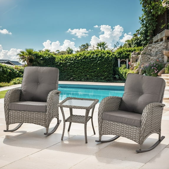 POCASSY Outdoor Rocking Chairs with Cushion, 3 Pieces Patio Rocker Gray Wicker Rattan Set with Wicker Side Table for Porch Deck Balcony, Gray