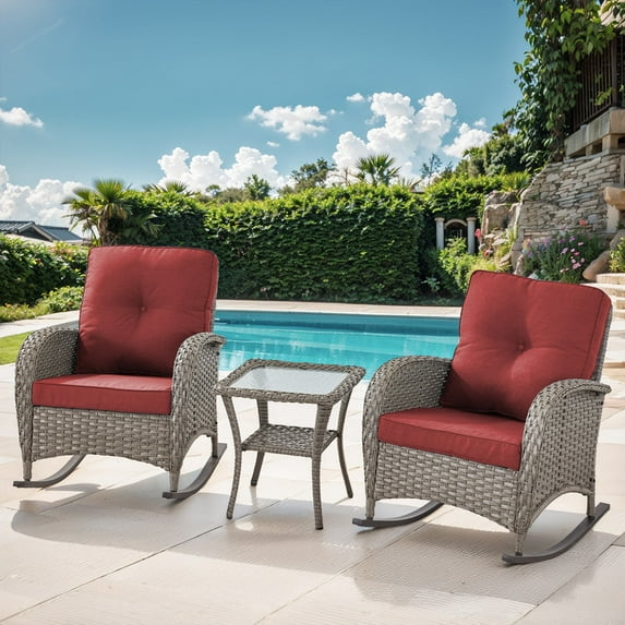 POCASSY Outdoor Rocking Chairs with Cushion, 3 Pieces Patio Rocker Gray Wicker Rattan Set with Wicker Side Table for Porch Deck Balcony, Red