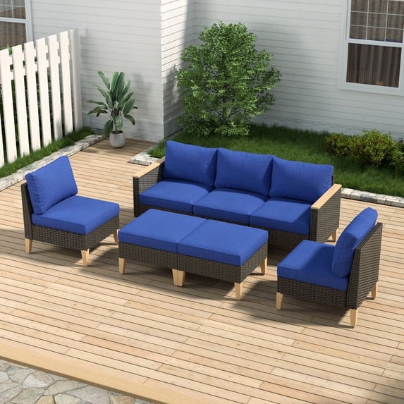 POCASSY Outdoor Sectional Set with 3 Seater Sofa, Chair and Ottoman, All Weather Wicker Patio Rattan Set with Thick Cushions for Balcony, Porch, Garden, Blue