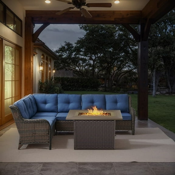 POCASSY Outdoor Sectional Sofa with Fire Pit Table - All Weather Brown Wicker Patio Furniture Set L Shaped Sectional Sofa with 41" Rectangular Propane Firepit Table - Blue Cushion