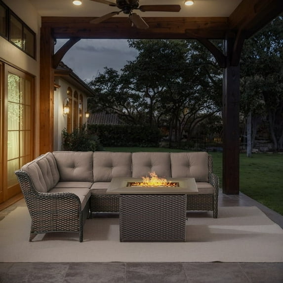POCASSY Outdoor Sectional Sofa with Fire Pit Table - All Weather Brown Wicker Patio Furniture Set L Shaped Sectional Sofa with 41" Rectangular Propane Firepit Table - Gray Cushion