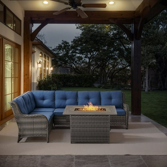 POCASSY Outdoor Sectional Sofa with Fire Pit Table - All Weather Gray Wicker Patio Furniture Set L Shaped Sectional Sofa with 41" Rectangular Propane Firepit Table - Blue Cushion