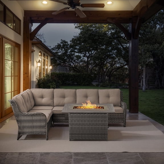 POCASSY Outdoor Sectional Sofa with Fire Pit Table - All Weather Gray Wicker Patio Furniture Set L Shaped Sectional Sofa with 41" Rectangular Propane Firepit Table - Gray Cushion