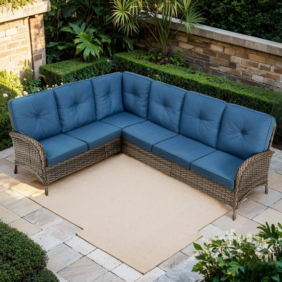 POCASSY Outdoor Sectional Sofa, All Weather Brown Wicker L Shaped Sectional Couch with Olefin Fabric Cushion Cover, 2 Pieces Sectional Sofa Outdoor Seating Set Ideal for Porch in Blue