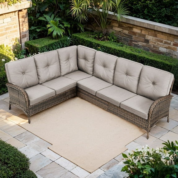 POCASSY Outdoor Sectional Sofa, All Weather Brown Wicker L Shaped Sectional Couch with Olefin Fabric Cushion Cover, 2 Pieces Sectional Sofa Outdoor Seating Set Ideal for Porch in Beige