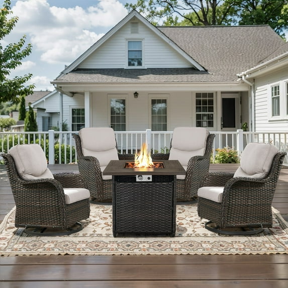 POCASSY Outdoor Swivel Chair Set of 4 with 30" Propane Fire Pit Table, Patio Furniture Set with Brown Wicker High Back Patio Swivel Chairs Square Firepit Table for Garden Balcony Porch - Brown/Beige