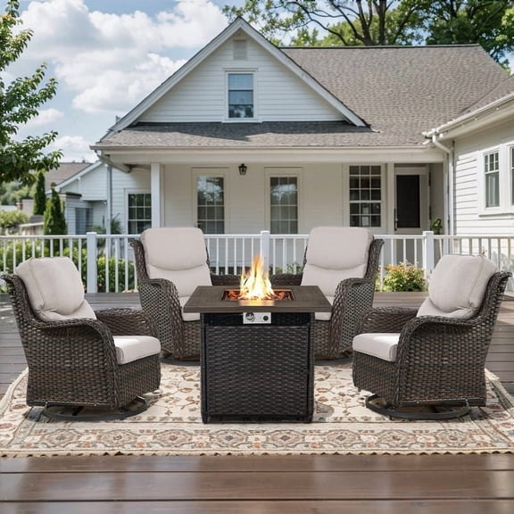 POCASSY Outdoor Swivel Chair Set of 4 with 30" Propane Fire Pit Table, Patio Furniture Set with Brown Wicker High Back Patio Swivel Chairs Square Firepit Table for Garden Balcony Porch - Brown/Beige