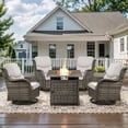 thumbnail image 1 of POCASSY Outdoor Swivel Chair Set of 4 with 30" Propane Fire Pit Table, Patio Furniture Set with Gray Wicker High Back Patio Swivel Chairs Square Firepit Table for Garden Balcony Porch - Gray/Beige, 1 of 11