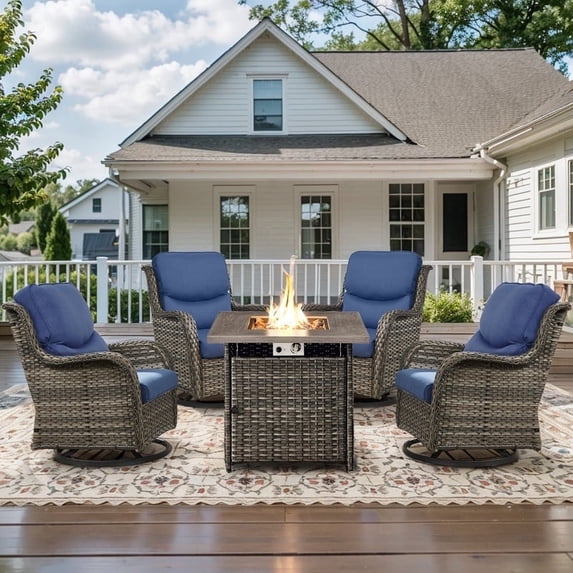 POCASSY Outdoor Swivel Chair Set of 4 with 30" Propane Fire Pit Table, Patio Furniture Set with Gray Wicker High Back Patio Swivel Chairs Square Firepit Table for Garden Balcony Porch - Gray/Blue