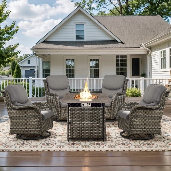 POCASSY Outdoor Swivel Chair Set of 4 with 30" Propane Fire Pit Table, Patio Furniture Set with Gray Wicker High Back Patio Swivel Chairs Square Firepit Table for Garden Balcony Porch - Gray/Gray