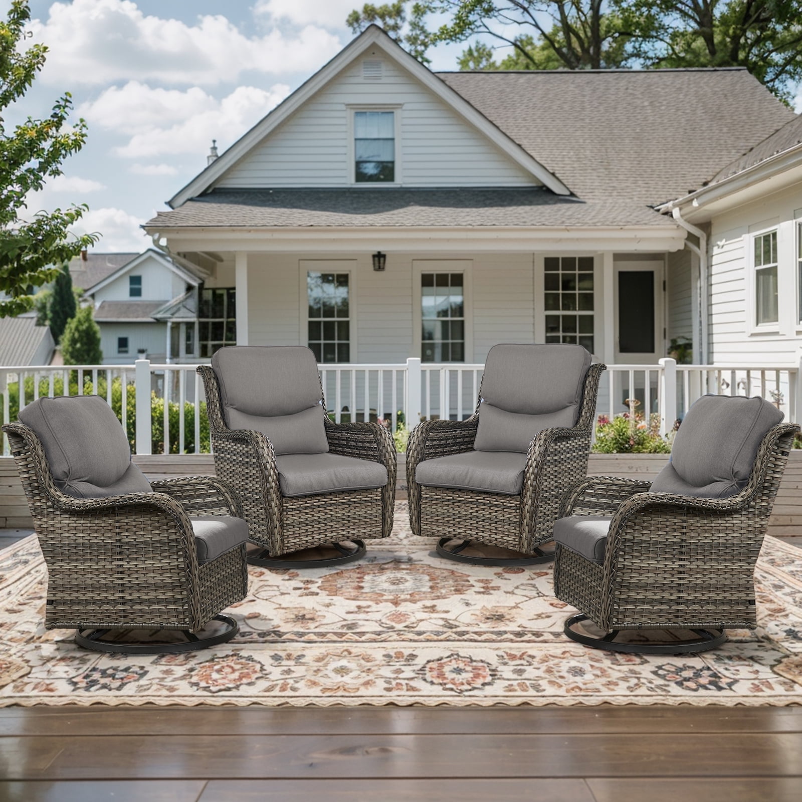 POCASSY Outdoor Swivel Chair Set of 4, All Weather Gray Wicker Patio Swivel Chairs Set with High Back and Thick Cushion for Garden Balcony Porch - Gray/Gray