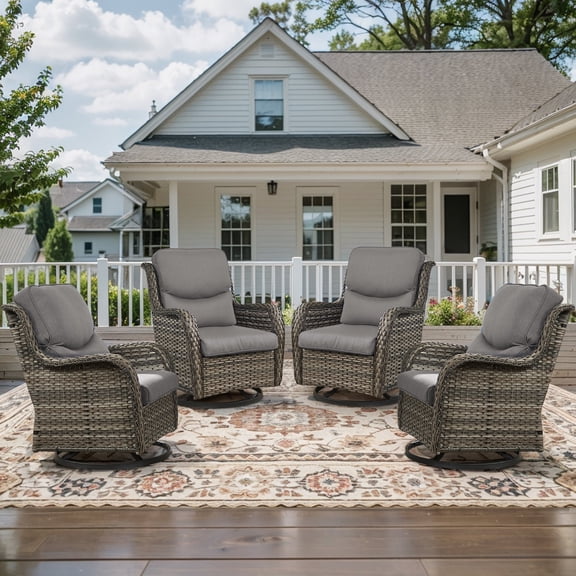 POCASSY Outdoor Swivel Chair Set of 4, All Weather Gray Wicker Patio Swivel Chairs Set with High Back and Thick Cushion for Garden Balcony Porch - Gray/Gray
