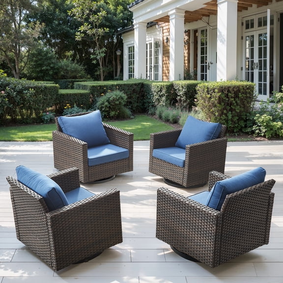 POCASSY Outdoor Swivel Chairs Set of 4 - 360° Swivel Rocking Patio Chair with All-Weather PE Wicker & Steel Frame, Modern Square Armrests for Porch Balcony, Brown Wicker Blue Cushion