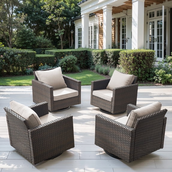 POCASSY Outdoor Swivel Chairs Set of 4 - 360° Swivel Rocking Patio Chair with All-Weather PE Wicker & Steel Frame, Modern Square Armrests for Porch Balcony, Brown Wicker Beige Cushion