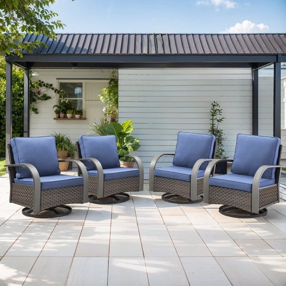 POCASSY Outdoor Swivel Chairs Set of 4, Weather Resistant Brown Wicker Swivel Rocking Patio Chairs Outdoor Lounge Accent Chairs for Porch Deck Garden, Blue