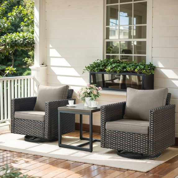 POCASSY Outdoor Swivel Chairs Set of 2 with Square Metal Side Table, Outdoor Bistro Set for Porch, Garden, Gray