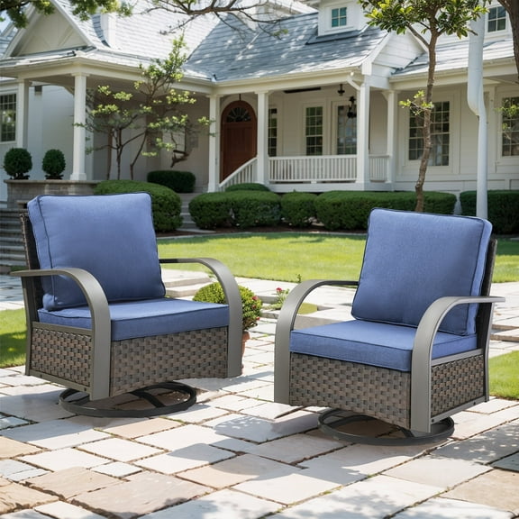 POCASSY Outdoor Swivel Glider Chairs Set of 2 with Cushions, Patio Wicker Swivel Rocking Chairs Outdoor Lounge Accent Chairs for Porch, Deck, Garden, Blue