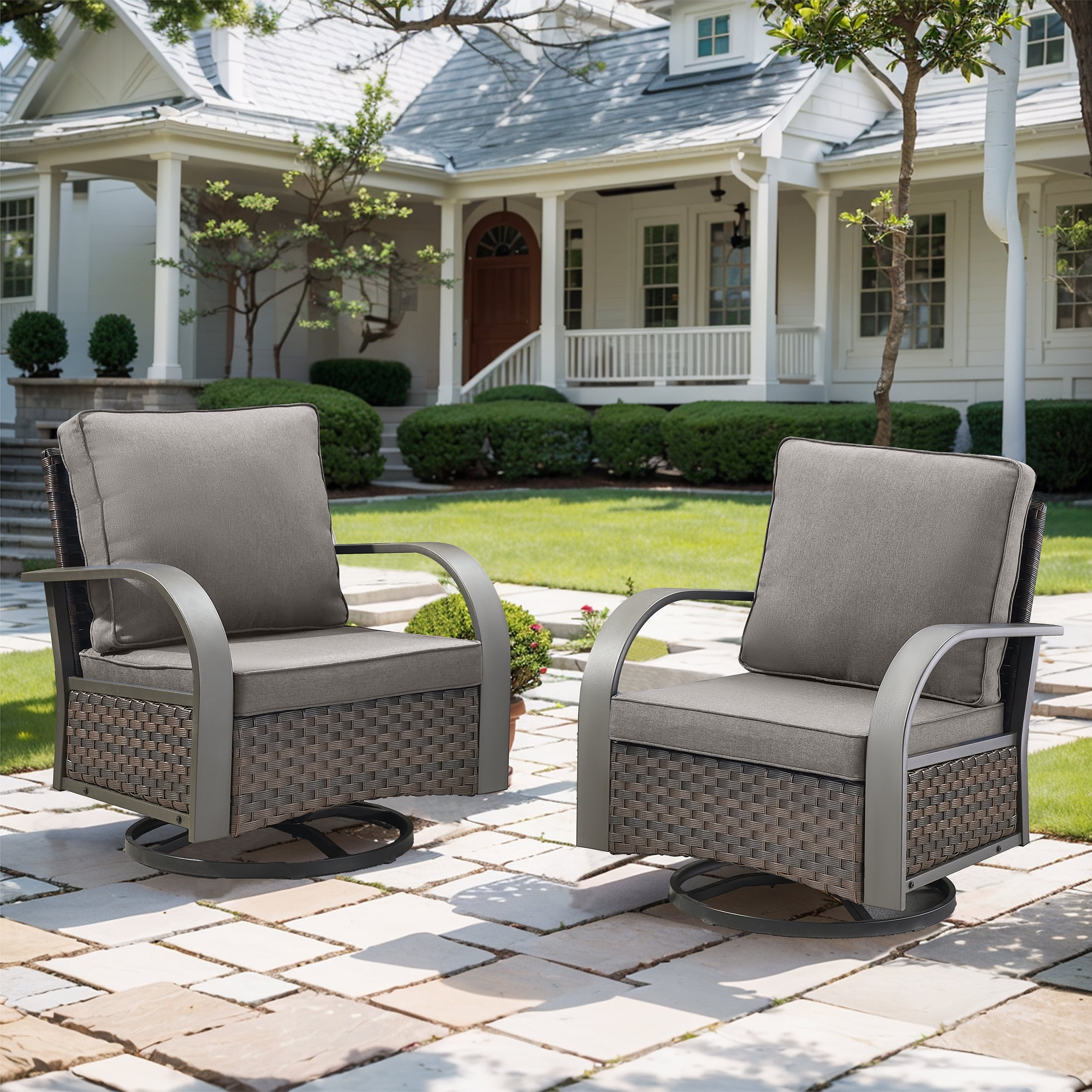 Walmart daily deals:  POCASSY Outdoor Swivel Glider Chairs Set of 2 with Cushions, Patio Wicker Swivel Rocking Chairs Outdoor Lounge Accent Chairs for Porch, Deck, Garden, Gray