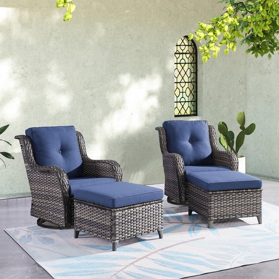POCASSY Outdoor Swivel Glider Chairs Set of 2 with Ottomans, Patio Furniture Set with All Weather Wicker Outdoor Lounge Accent Chair for Porch Deck Balcony, Gray/Blue