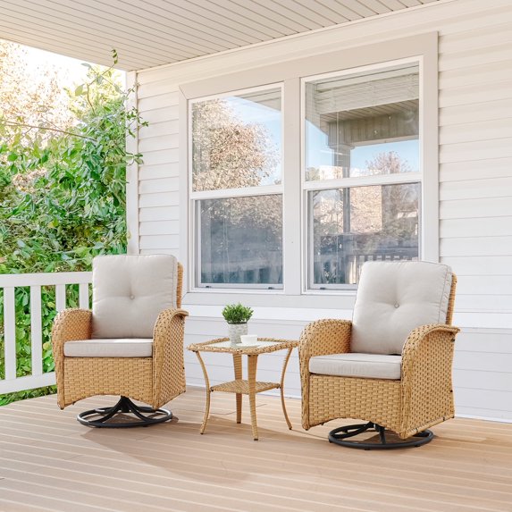 POCASSY Outdoor Swivel Lounge Patio Wicker Chairs with Side Table, All Weather Wicker Rattan Swivel Rocker for Outside, Light Yellow/Beige
