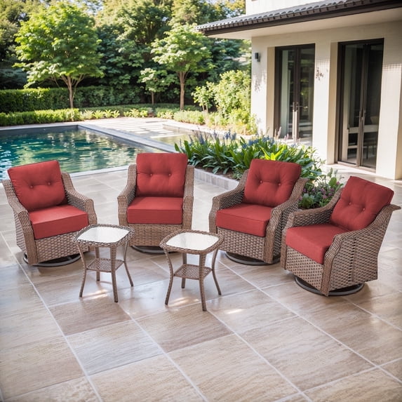 POCASSY Outdoor Swivel Patio Chairs Set of 4, 6-Inch Thick Cushions All Weather Outdoor Brown Wicker Swivel Glider Rocking Chairs with Side Tables for Porch Deck - Red