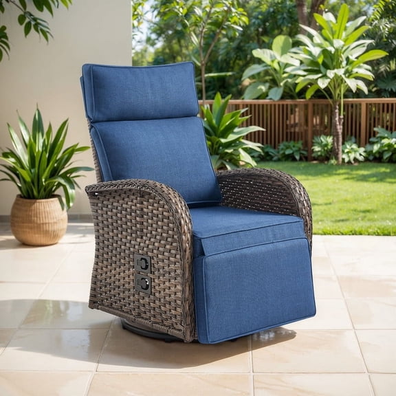 POCASSY Outdoor Swivel Recliner Chair, Recliner Patio Swivel Chair with Adjustable Reclining Back and Lifting Footrest, Brown Wicker Outdoor Lounge Chair for Pool Porch, Blue Cushion