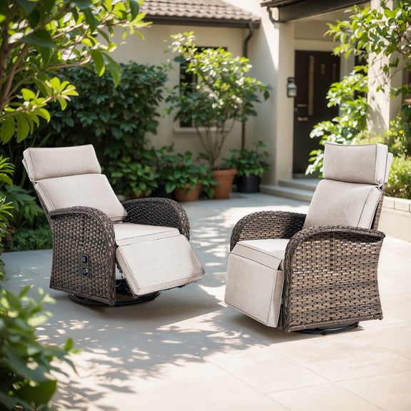 POCASSY Outdoor Swivel Recliner Chairs Set of 2, Brown Wicker Recliner Patio Swivel Chair with Adjustable Reclining Back and Lifting Footrest for Porch Pool Deck, Beige Cushion
