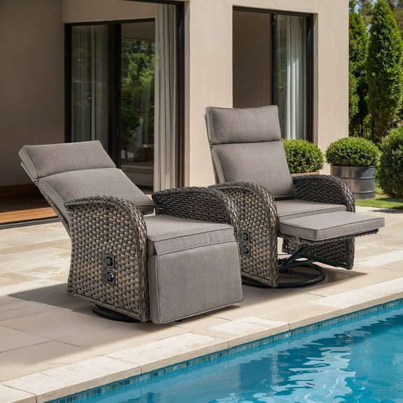 POCASSY Outdoor Swivel Recliner Chairs Set of 2, Brown Wicker Recliner Patio Swivel Chair with Adjustable Reclining Back and Lifting Footrest for Porch Pool Deck, Gray Cushion