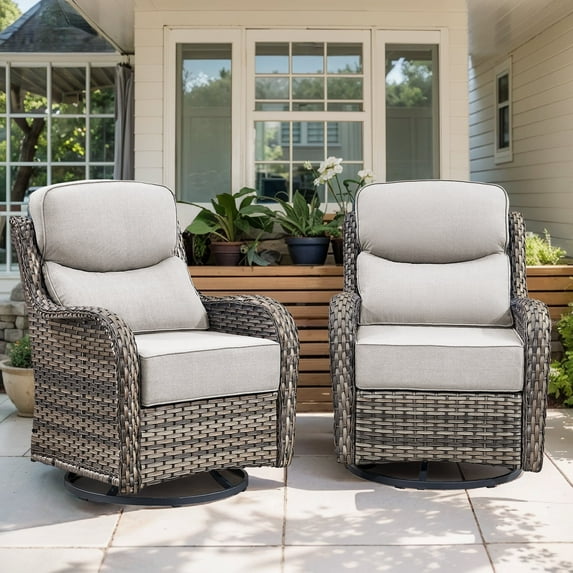 POCASSY Outdoor Swivel Rocker Patio Swivel Chairs Set of 2, 6-Inch Thick Seat Cushions Outdoor Wicker Swivel Glider Rocking Chairs with High Back for Porch Deck - Beige