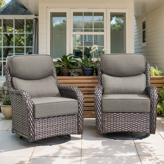 POCASSY Outdoor Swivel Rocker Patio Swivel Chairs Set of 2, 6-Inch Thick Seat Cushions Outdoor Wicker Swivel Glider Rocking Chairs with High Back for Porch Deck - Gray