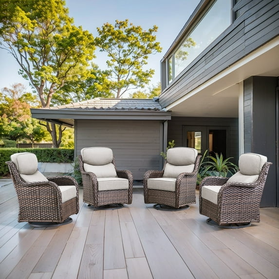 POCASSY Outdoor Swivel Rocker Patio Swivel Chairs Set of 4, 6-Inch Thick Seat Cushions Outdoor Wicker Swivel Glider Rocking Chairs with High Back for Porch Deck - Beige