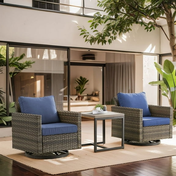 POCASSY Outdoor Swivel Rocking Chair with Table and Cushion, PE All Weather Wicker Rocker Set for Deck, Proch, Balcony, Blue