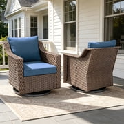 POCASSY Outdoor Swivel Rocking Chairs Set of 2, All Weather Brown Wicker Rattan Patio Furniture Set Patio Chairs with 360° Swivel Glider Chairs for Balcony, Garden, Porch, Pool and Backyard, Blue