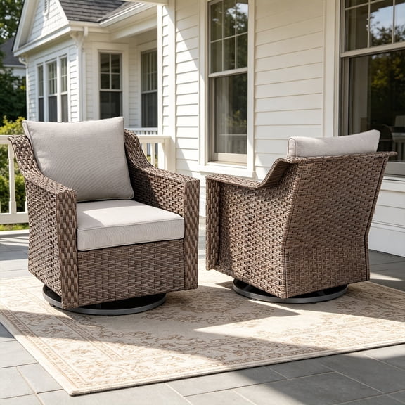 POCASSY Outdoor Swivel Rocking Chairs Set of 2, All Weather Brown Wicker Rattan Patio Furniture Set Patio Chairs with 360° Swivel Glider Chairs for Balcony, Garden, Porch, Pool and Backyard, Beige