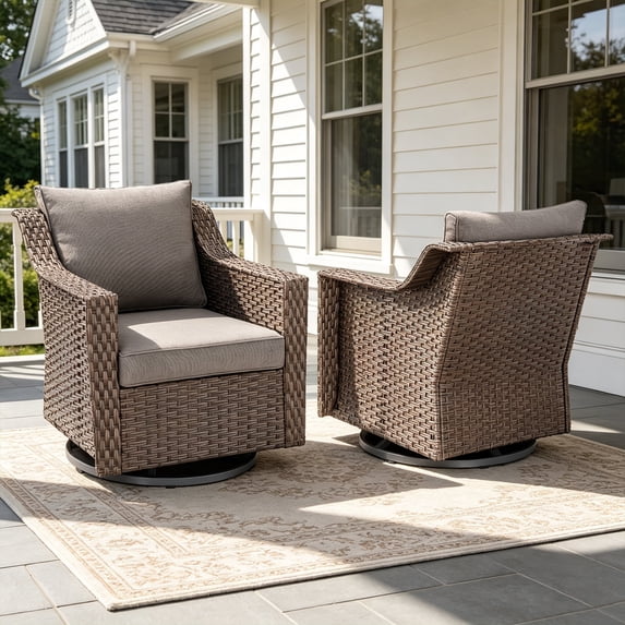POCASSY Outdoor Swivel Rocking Chairs Set of 2, All Weather Brown Wicker Rattan Patio Furniture Set Patio Chairs with 360° Swivel Glider Chairs for Balcony, Garden, Porch, Pool and Backyard, Gray