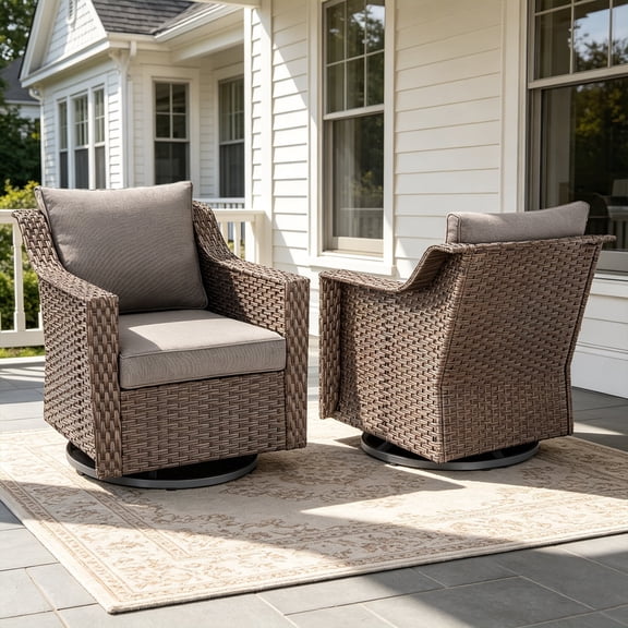 POCASSY Outdoor Swivel Rocking Chairs Set of 2, All Weather Brown Wicker Rattan Patio Furniture Set Patio Chairs with 360° Swivel Glider Chairs for Balcony, Garden, Porch, Pool and Backyard, Gray